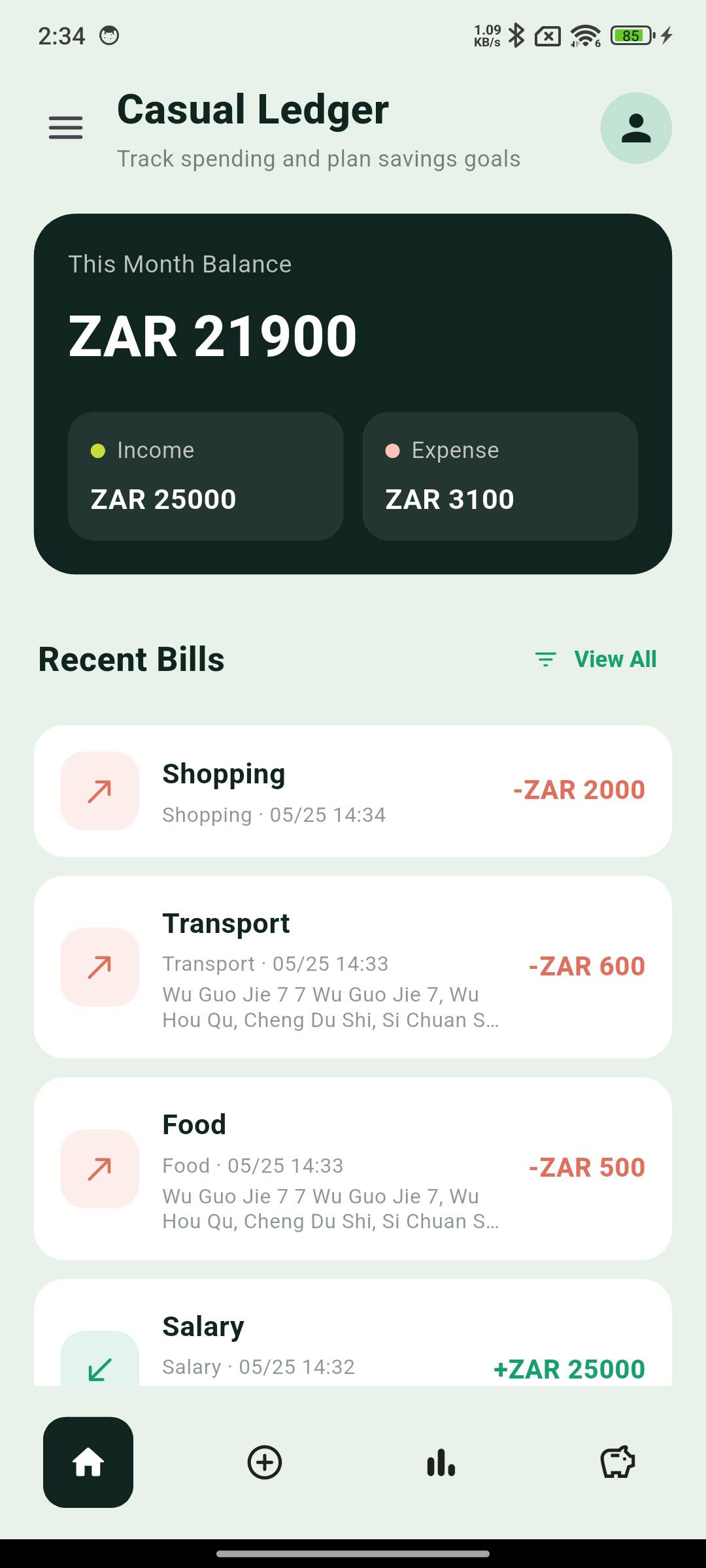Casual Ledger home screen showing monthly balance and recent bills